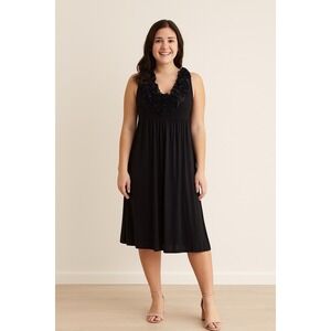 Floral Embroidered Sleeveless Midi Dress Womens M Black Casual Party Summer